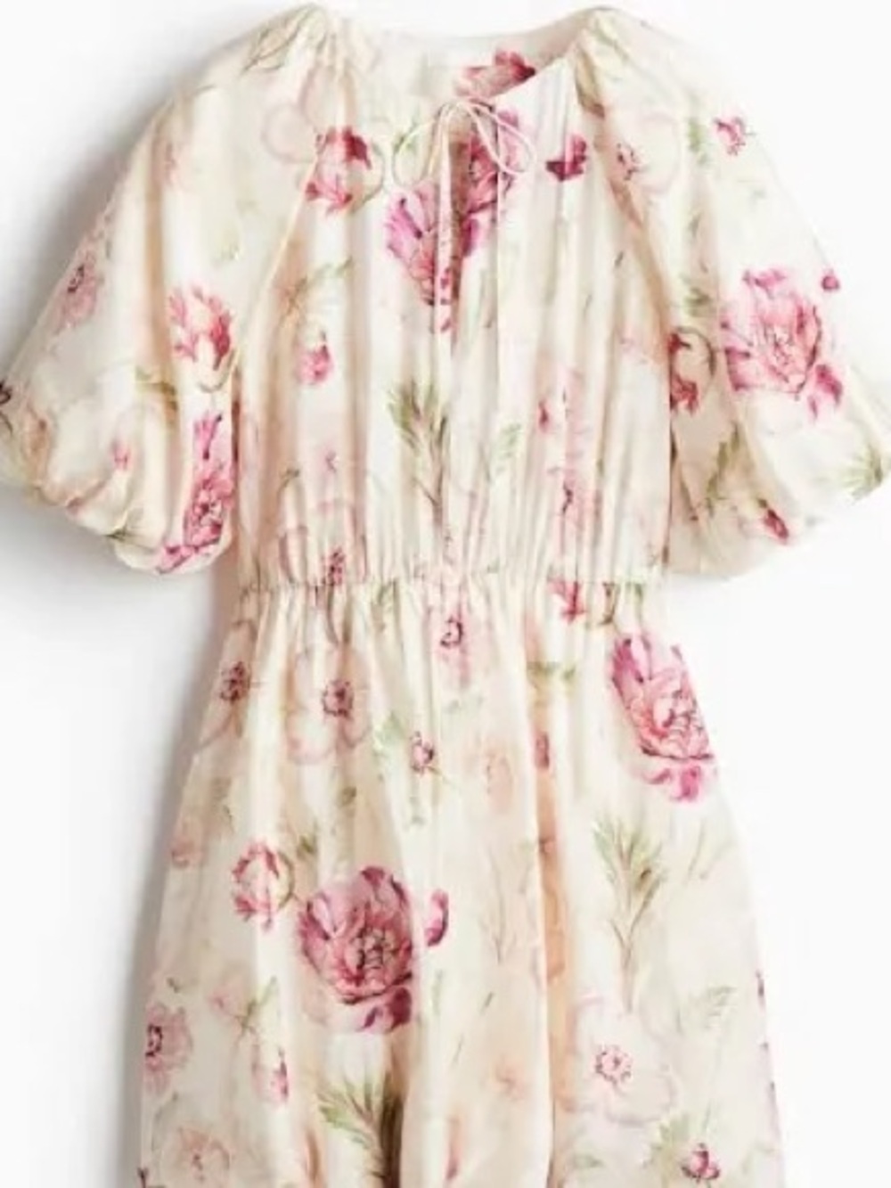 H&M Floral Puff-Sleeve Bubble Hem Midi Dress — Pink on Cream
